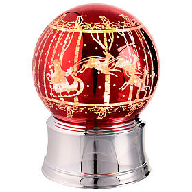 Boule à neige rouge LED paillettes traineau Père Noël base argent 12x12x15 cm