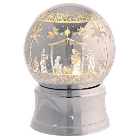 Snow globe of 5 in, silver glitter and lights, Nativity Scene, 5x5x6 in