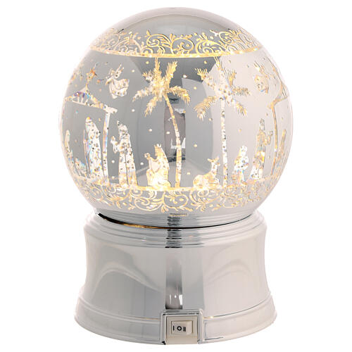 Snow globe of 5 in, silver glitter and lights, Nativity Scene, 5x5x6 in 5