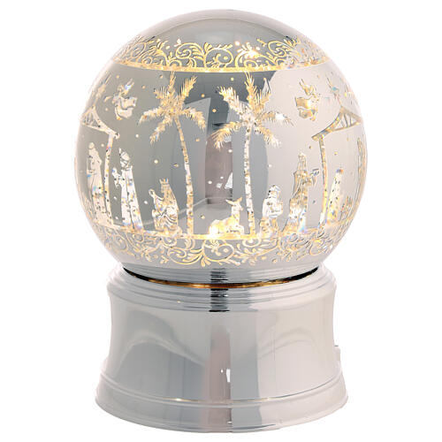 Srebrna kula śnieżna LED z brokatem – Szopka Betlejemska, z muzyką i ruchem, 12x12x15 cm 3