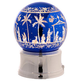 Glittery blue snow globe of 5 in, silver base, Nativity Scene, 5x5x6 in