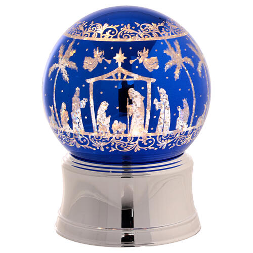 Lighted Nativity scene snow globe 120 mm blue glitter silver base, 12x12x15 cm 1