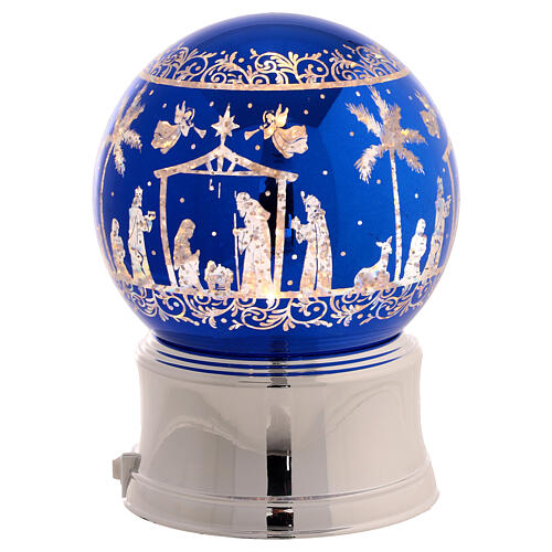 Lighted Nativity scene snow globe 120 mm blue glitter silver base, 12x12x15 cm 3