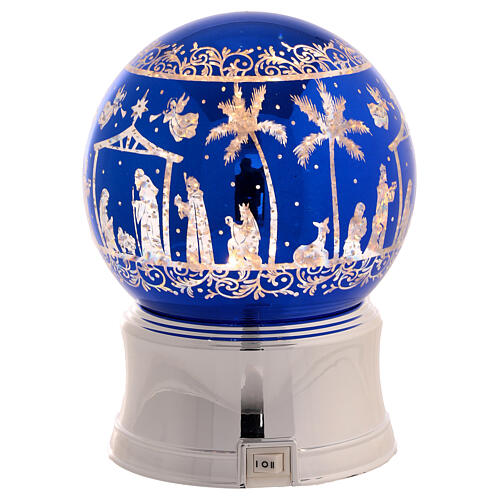 Lighted Nativity scene snow globe 120 mm blue glitter silver base, 12x12x15 cm 4