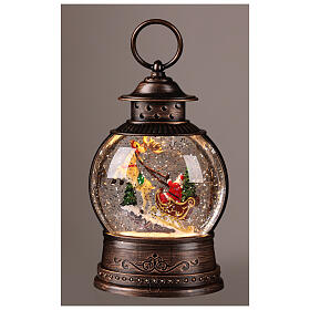 Lantern-shaped snow globe with glitter, Santa Claus on his sleigh, 5x3x10 in