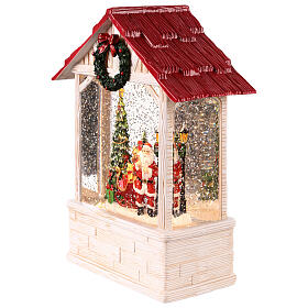 Glittery house with red roof, Santa Claus with gifts, 6x3x11 in