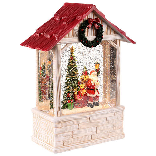 Glittery house with red roof, Santa Claus with gifts, 6x3x11 in 3