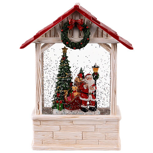 Glittery house with red roof, Santa Claus with gifts, 6x3x11 in 4