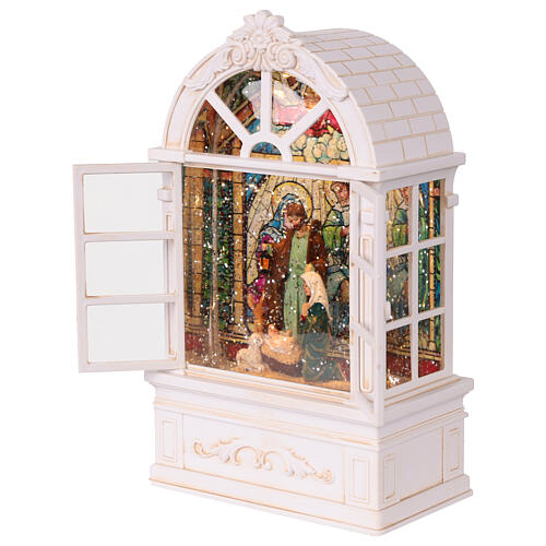 Glasgehäuse mit Schneeeffekt, Geburt Christi im Fensterrahmen – Musik, Beleuchtung, 24,5 × 13,5 × 7,6 cm 3