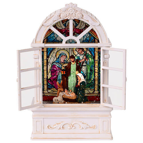 Glasgehäuse mit Schneeeffekt, Geburt Christi im Fensterrahmen – Musik, Beleuchtung, 24,5 × 13,5 × 7,6 cm 5