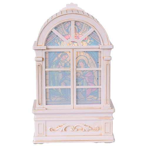 Glasgehäuse mit Schneeeffekt, Geburt Christi im Fensterrahmen – Musik, Beleuchtung, 24,5 × 13,5 × 7,6 cm 6