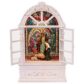 Glittery window with illuminated Nativity, 5x3x10 in