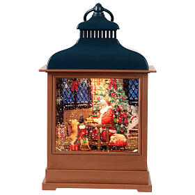 Glittery lantern with Santa Claus in his workshop, 6x3x12 in