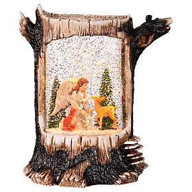 Baumstamm mit Schneeeffekt, Engel mit Tieren im Wald – Musik, Beleuchtung, 25 × 19 × 11 cm