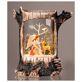 Baumstamm mit Schneeeffekt, Engel mit Tieren im Wald – Musik, Beleuchtung, 25 × 19 × 11 cm
