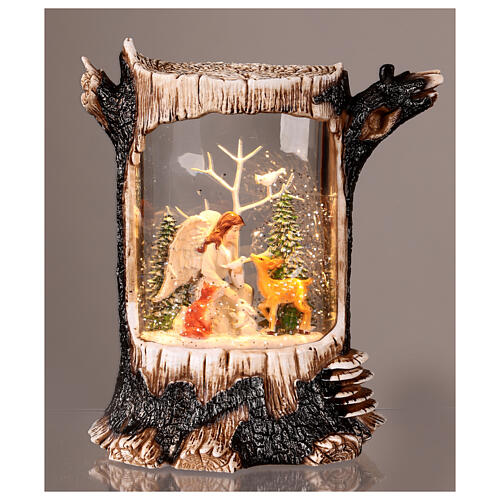 Baumstamm mit Schneeeffekt, Engel mit Tieren im Wald – Musik, Beleuchtung, 25 × 19 × 11 cm 2
