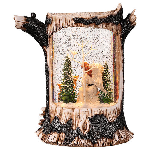 Baumstamm mit Schneeeffekt, Engel mit Tieren im Wald – Musik, Beleuchtung, 25 × 19 × 11 cm 5