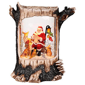 Glittery tree trunk with lights, Santa Claus with animals, 8x4x10 in