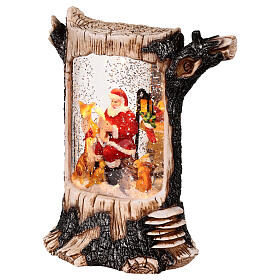 Glittery tree trunk with lights, Santa Claus with animals, 8x4x10 in