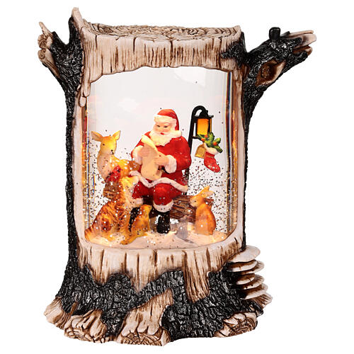 Glittery tree trunk with lights, Santa Claus with animals, 8x4x10 in 1