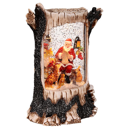 Glittery tree trunk with lights, Santa Claus with animals, 8x4x10 in 3