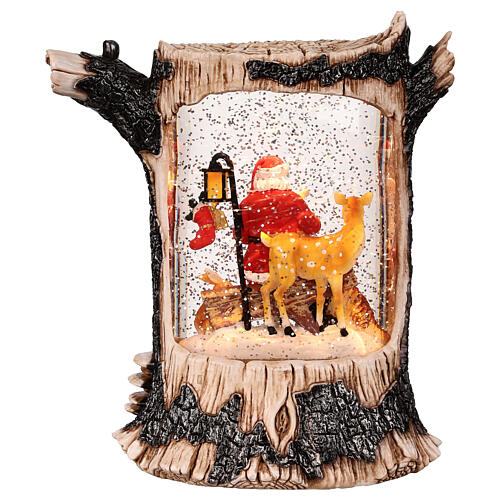 Glittery tree trunk with lights, Santa Claus with animals, 8x4x10 in 4