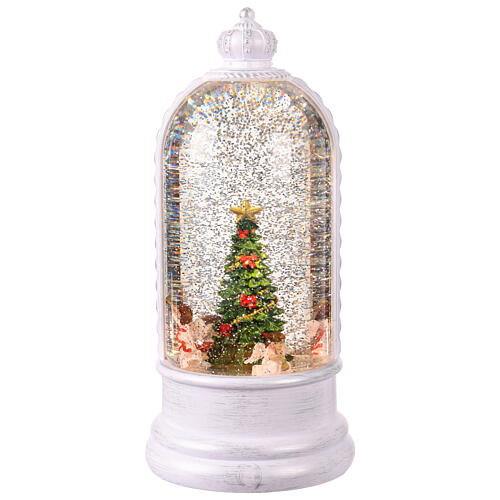 Glittery glass dome, animated angels and Christmas tree, 5x5x10 in 5