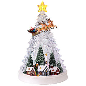 Illuminated Christmas tree with Santa Claus on his sleigh, 10x8x12 in