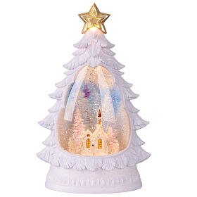 Illuminated Christmas tree with glitter, white church, 8x4x12 in