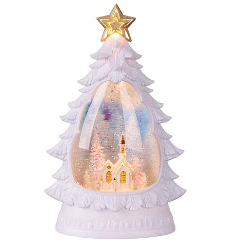 Árbol de Navidad con purpurina iluminado iglesia blanca 20x10x30 cm 1