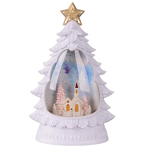 Árbol de Navidad con purpurina iluminado iglesia blanca 20x10x30 cm 4