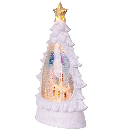 Biała choinka z kulą z kościołem, brokatem i oświetleniem, 20x10x30 cm 2