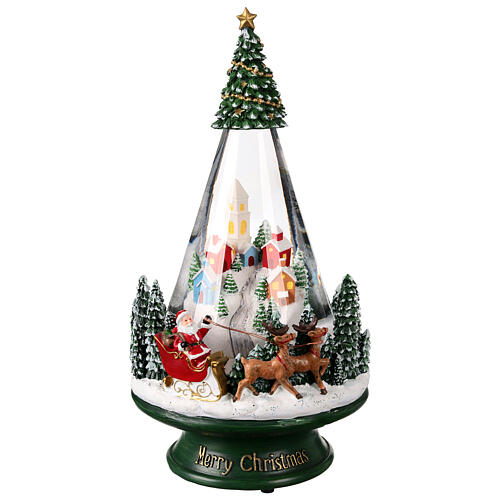 Schneekugel in Kegelform, Winterstadt mit Weihnachtsmann im Schlitten – H 27 cm, Ø 13 cm 1