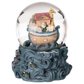 Snow globe with glittery snow and Noah's ark on waves, music box, 6x5x5 in