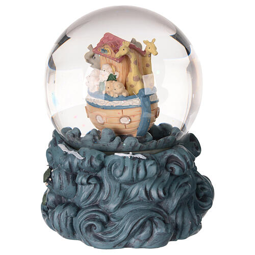 Snow globe with glittery snow and Noah's ark on waves, music box, 6x5x5 in 3