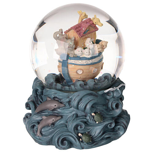 Snow globe with glittery snow and Noah's ark on waves, music box, 6x5x5 in 4