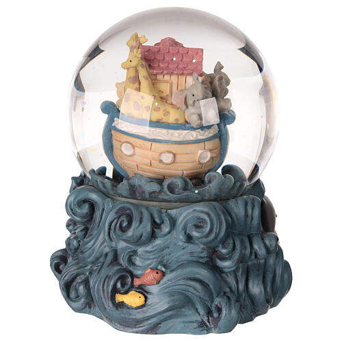 Snow globe with glittery snow and Noah's ark on waves, music box, 6x5x5 in 5