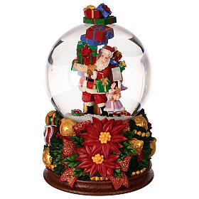 Snow globe with Santa Claus and gifts, embossed floral decoration, 8x6x6 in