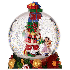 Snow globe with Santa Claus and gifts, embossed floral decoration, 8x6x6 in