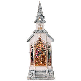 Schneekugel in weißer Kirche mit Geburt Christi – H 32,7 cm, 11,7 × 10,5 cm
