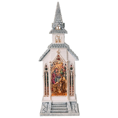 Schneekugel in weißer Kirche mit Geburt Christi – H 32,7 cm, 11,7 × 10,5 cm 1