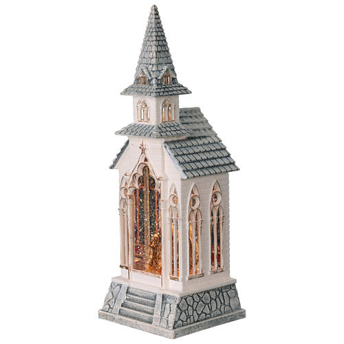 Schneekugel in weißer Kirche mit Geburt Christi – H 32,7 cm, 11,7 × 10,5 cm 3