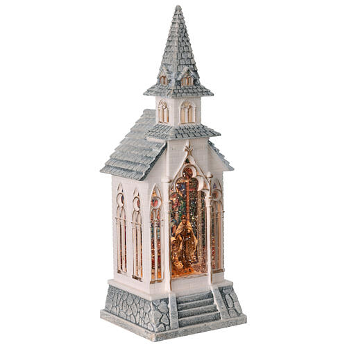 Schneekugel in weißer Kirche mit Geburt Christi – H 32,7 cm, 11,7 × 10,5 cm 4