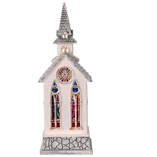 Schneekugel in weißer Kirche mit Geburt Christi – H 32,7 cm, 11,7 × 10,5 cm 5