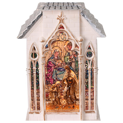 Snow globe with Nativity Scene, stained glass on a white church, lights and music, 13x4x4 in 2