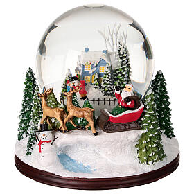 Snow globe: Santa on his sleigh and snowy landscape, music box, 6x6x6 in