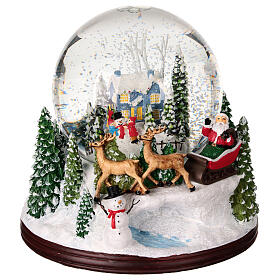 Snow globe: Santa on his sleigh and snowy landscape, music box, 6x6x6 in