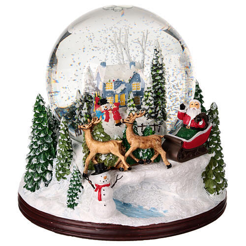 Snow globe: Santa on his sleigh and snowy landscape, music box, 6x6x6 in 2