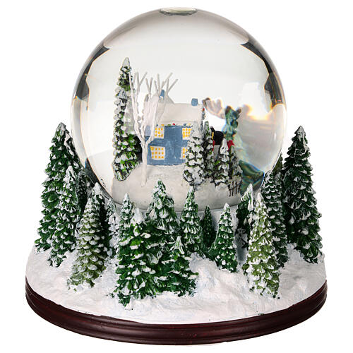 Snow globe: Santa on his sleigh and snowy landscape, music box, 6x6x6 in 6