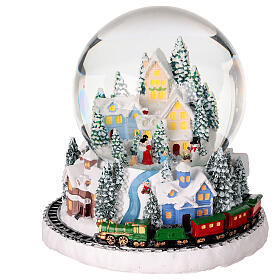 Glass snow globe with snowy landscape, base with train, 6x6x6 in